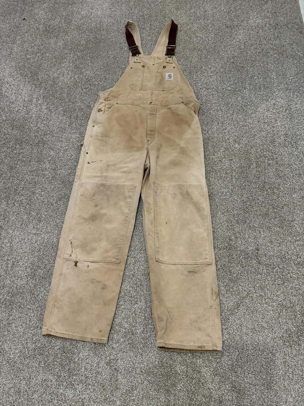 Vintage Carhartt Bib Overalls Mens 36 Beige Canvas Double Knee Workwear 90s